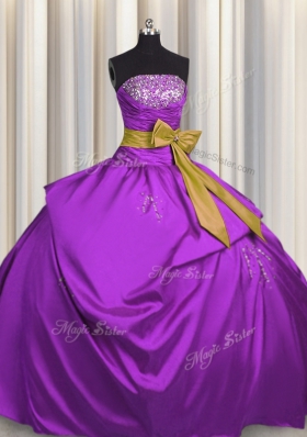 Vintage Purple Ball Gowns Beading and Bowknot Sweet 16 Dress Lace Up Satin Sleeveless Floor Length