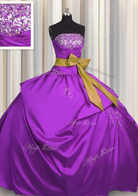 Vintage Purple Ball Gowns Beading and Bowknot Sweet 16 Dress Lace Up Satin Sleeveless Floor Length
