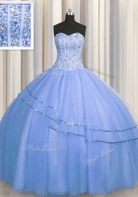 Visible Boning Big Puffy Blue Lace Up Sweetheart Beading Sweet 16 Dresses Tulle Sleeveless