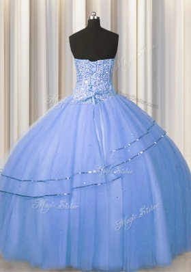 Visible Boning Big Puffy Blue Lace Up Sweetheart Beading Sweet 16 Dresses Tulle Sleeveless