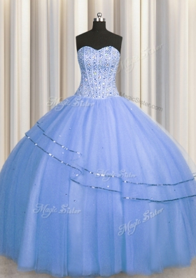 Visible Boning Big Puffy Blue Lace Up Sweetheart Beading Sweet 16 Dresses Tulle Sleeveless