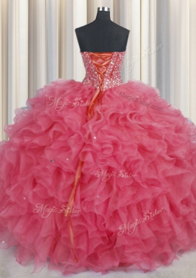 Visible Boning Coral Red Sweetheart Lace Up Beading and Ruffles Quinceanera Gowns Sleeveless