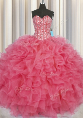 Visible Boning Coral Red Sweetheart Lace Up Beading and Ruffles Quinceanera Gowns Sleeveless