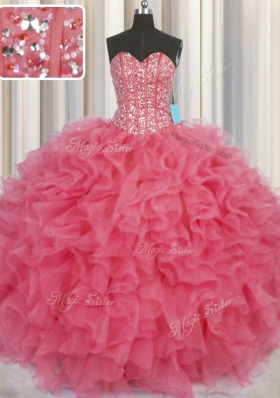 Visible Boning Coral Red Sweetheart Lace Up Beading and Ruffles Quinceanera Gowns Sleeveless