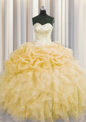 Visible Boning Organza Sleeveless Floor Length Quinceanera Dress and Beading and Ruffles