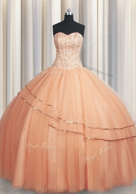 Visible Boning Really Puffy Peach 15th Birthday Dress Military Ball and Sweet 16 and Quinceanera and For with Beading and Ruching Sweetheart Sleeveless Lace Up