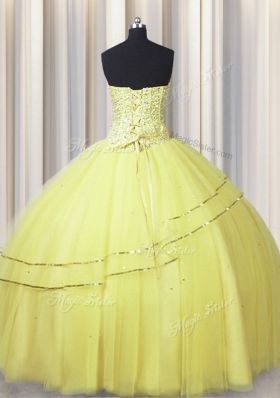 Visible Boning Really Puffy Sweetheart Sleeveless Lace Up Quinceanera Dress Light Yellow Tulle