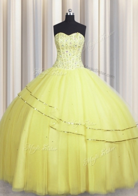 Visible Boning Really Puffy Sweetheart Sleeveless Lace Up Quinceanera Dress Light Yellow Tulle