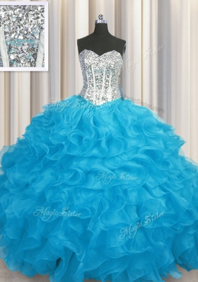 Aqua Blue Sweetheart Neckline Beading and Ruffles 15th Birthday Dress Long Sleeves Lace Up