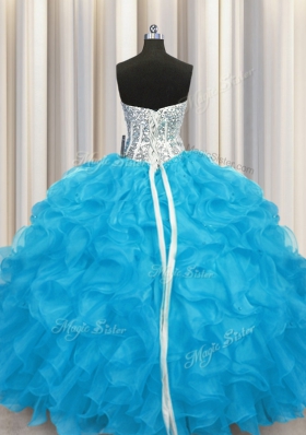 Aqua Blue Sweetheart Neckline Beading and Ruffles 15th Birthday Dress Long Sleeves Lace Up