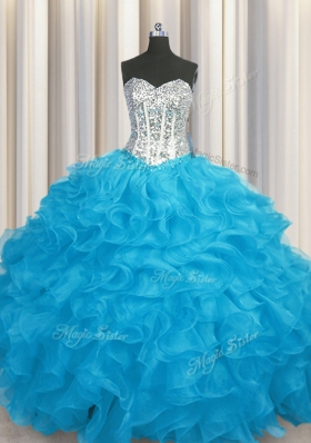 Aqua Blue Sweetheart Neckline Beading and Ruffles 15th Birthday Dress Long Sleeves Lace Up
