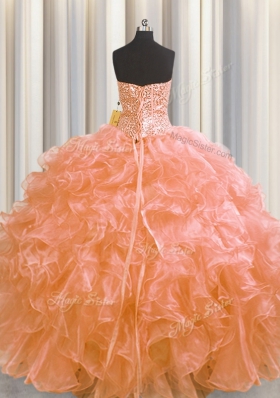 Custom Fit Visible Boning Orange Strapless Neckline Beading and Ruffles 15th Birthday Dress Sleeveless Lace Up