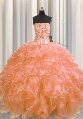 Custom Fit Visible Boning Orange Strapless Neckline Beading and Ruffles 15th Birthday Dress Sleeveless Lace Up