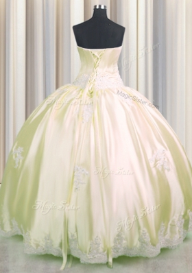 Decent Champagne Ball Gowns Strapless Sleeveless Taffeta Floor Length Lace Up Beading and Appliques 15 Quinceanera Dress