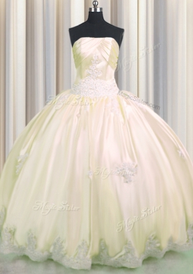Decent Champagne Ball Gowns Strapless Sleeveless Taffeta Floor Length Lace Up Beading and Appliques 15 Quinceanera Dress