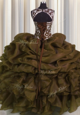 Delicate See Through Sweetheart Sleeveless Lace Up Sweet 16 Quinceanera Dress Brown Organza