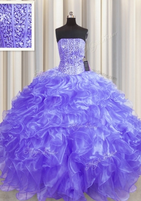 Dynamic Visible Boning Lavender Ball Gowns Organza Strapless Sleeveless Beading and Ruffles Floor Length Lace Up Sweet 16 Dress