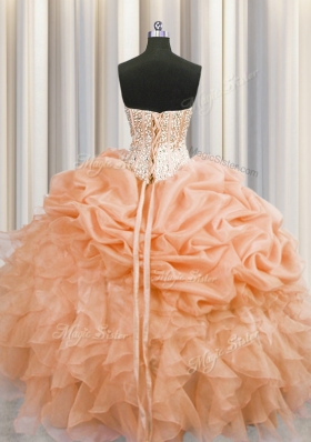 Fabulous Visible Boning Orange Lace Up Sweetheart Beading and Ruffles Quinceanera Dresses Organza Sleeveless