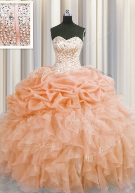 Fabulous Visible Boning Orange Lace Up Sweetheart Beading and Ruffles Quinceanera Dresses Organza Sleeveless