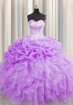 Fashion Pick Ups Visible Boning Sweetheart Sleeveless Lace Up Quinceanera Gowns Purple Organza
