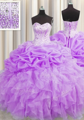 Fashion Pick Ups Visible Boning Sweetheart Sleeveless Lace Up Quinceanera Gowns Purple Organza