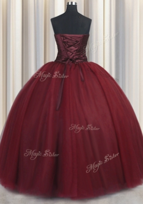 Flare Wine Red Tulle Lace Up Sweet 16 Quinceanera Dress Sleeveless Floor Length Beading and Appliques