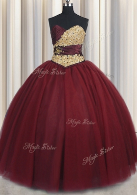 Flare Wine Red Tulle Lace Up Sweet 16 Quinceanera Dress Sleeveless Floor Length Beading and Appliques