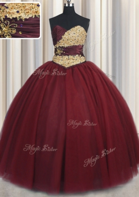Flare Wine Red Tulle Lace Up Sweet 16 Quinceanera Dress Sleeveless Floor Length Beading and Appliques