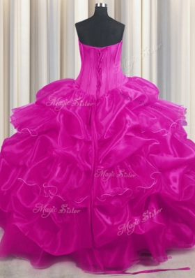 Glorious Pick Ups Ruffled Ball Gowns Quinceanera Gown Hot Pink and Fuchsia Strapless Organza Sleeveless Floor Length Lace Up