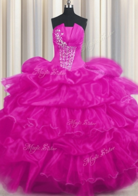 Glorious Pick Ups Ruffled Ball Gowns Quinceanera Gown Hot Pink and Fuchsia Strapless Organza Sleeveless Floor Length Lace Up