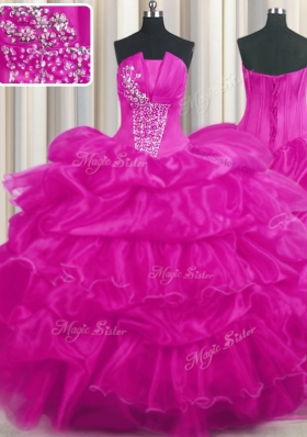 Glorious Pick Ups Ruffled Ball Gowns Quinceanera Gown Hot Pink and Fuchsia Strapless Organza Sleeveless Floor Length Lace Up