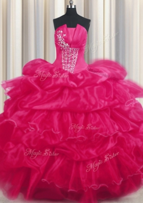 Hot Pink Lace Up Vestidos de Quinceanera Beading and Ruffled Layers and Pick Ups Sleeveless Floor Length
