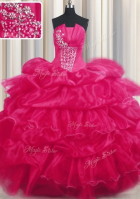 Hot Pink Lace Up Vestidos de Quinceanera Beading and Ruffled Layers and Pick Ups Sleeveless Floor Length