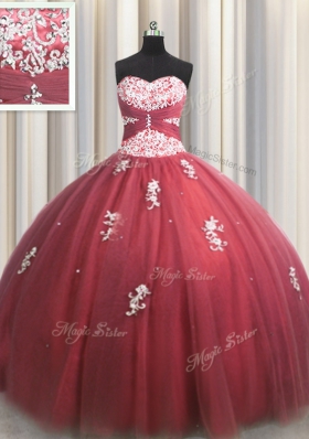Ideal Wine Red Tulle Lace Up Sweet 16 Dresses Sleeveless Floor Length Beading and Appliques