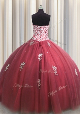 Ideal Wine Red Tulle Lace Up Sweet 16 Dresses Sleeveless Floor Length Beading and Appliques