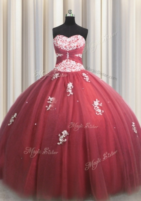 Ideal Wine Red Tulle Lace Up Sweet 16 Dresses Sleeveless Floor Length Beading and Appliques
