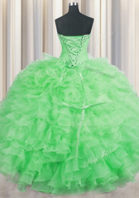 Lace Up Sweetheart Beading and Ruffles Ball Gown Prom Dress Organza Sleeveless