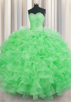 Lace Up Sweetheart Beading and Ruffles Ball Gown Prom Dress Organza Sleeveless