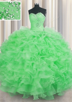 Lace Up Sweetheart Beading and Ruffles Ball Gown Prom Dress Organza Sleeveless