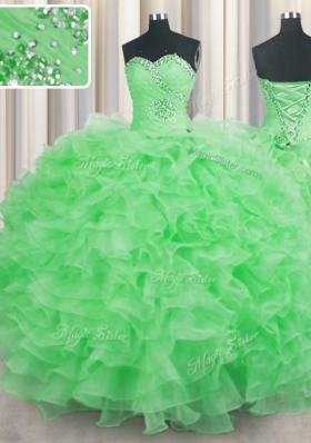 Lace Up Sweetheart Beading and Ruffles Ball Gown Prom Dress Organza Sleeveless