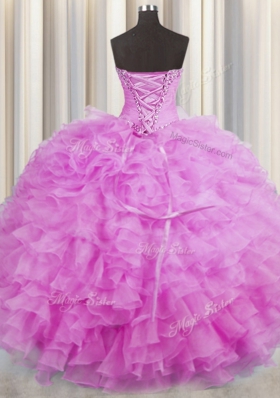 Lilac Ball Gowns Sweetheart Sleeveless Organza Floor Length Lace Up Beading and Ruffles Quinceanera Dress