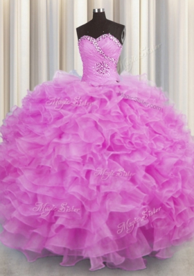 Lilac Ball Gowns Sweetheart Sleeveless Organza Floor Length Lace Up Beading and Ruffles Quinceanera Dress