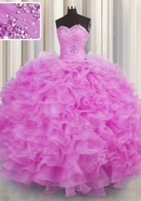 Lilac Ball Gowns Sweetheart Sleeveless Organza Floor Length Lace Up Beading and Ruffles Quinceanera Dress