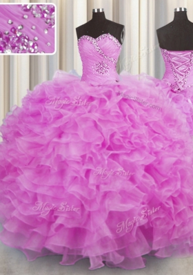 Lilac Ball Gowns Sweetheart Sleeveless Organza Floor Length Lace Up Beading and Ruffles Quinceanera Dress