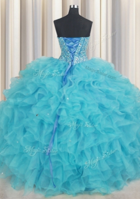 Luxurious Visible Boning Baby Blue Sweetheart Neckline Beading and Ruffles Quinceanera Dress Sleeveless Lace Up