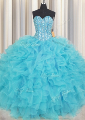 Luxurious Visible Boning Baby Blue Sweetheart Neckline Beading and Ruffles Quinceanera Dress Sleeveless Lace Up