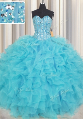 Luxurious Visible Boning Baby Blue Sweetheart Neckline Beading and Ruffles Quinceanera Dress Sleeveless Lace Up
