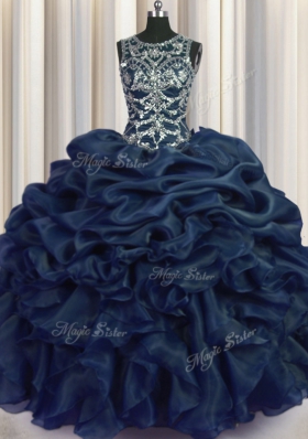 Navy Blue Ball Gowns Scoop Sleeveless Organza Floor Length Lace Up Beading and Pick Ups Quince Ball Gowns