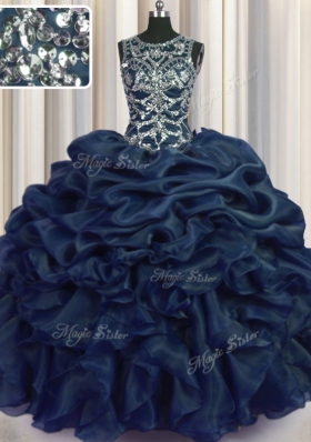 Navy Blue Ball Gowns Scoop Sleeveless Organza Floor Length Lace Up Beading and Pick Ups Quince Ball Gowns
