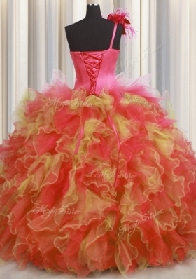 One Shoulder Handcrafted Flower Floor Length Ball Gowns Sleeveless Multi-color 15 Quinceanera Dress Lace Up